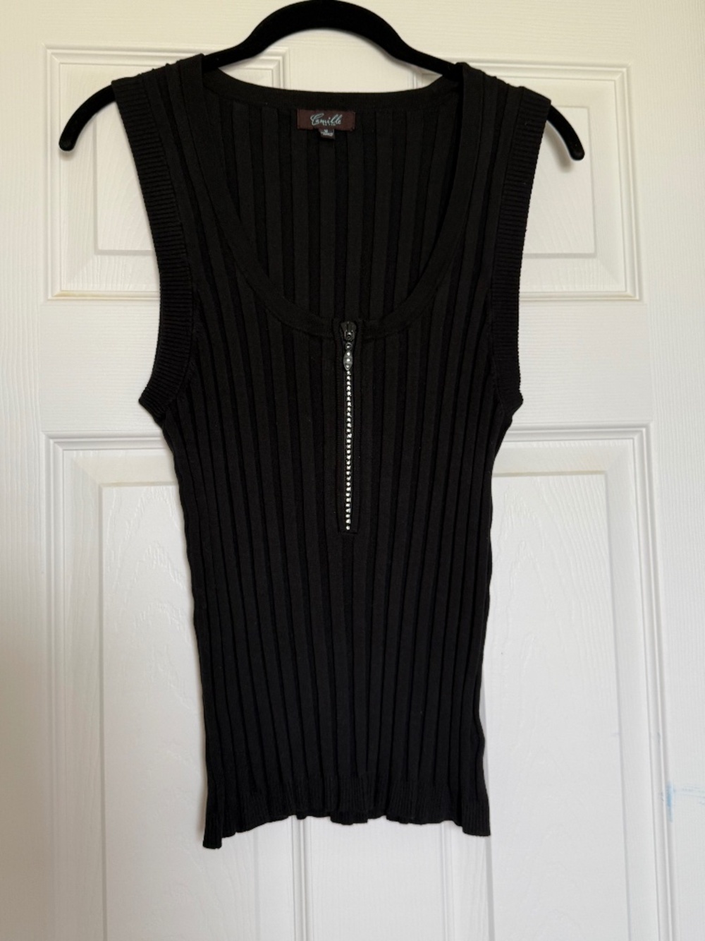 Camille La Vie Black Ribbed Silk Tank w Rhinestone Zipper, Size M